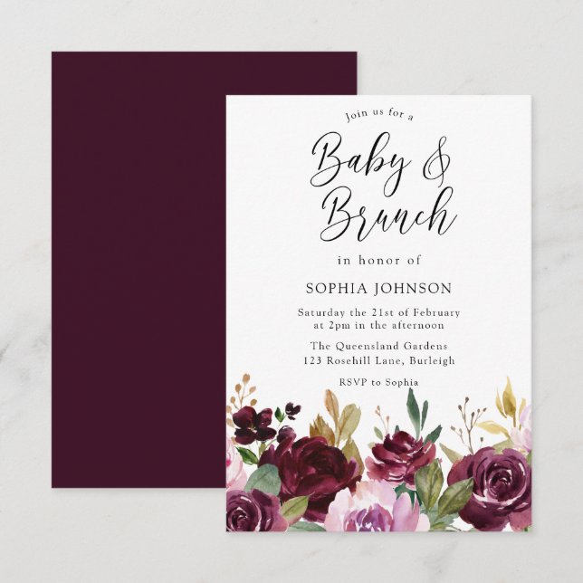 Burgundy Maroon Flowers Baby & Brunch Baby Shower Invitation (Front/Back)