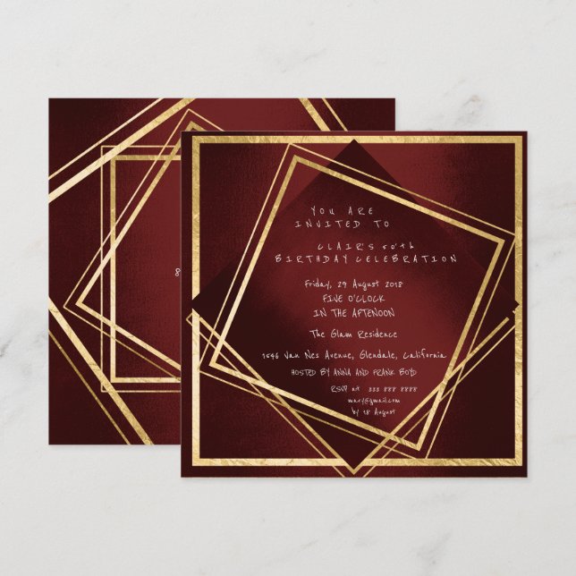 Burgundy Maroon Geometry Golden Square Birthday Invitation (Front/Back)