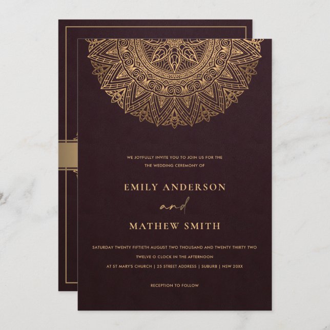 BURGUNDY MAROON GOLD CLASSY ORNATE MANDALA WEDDING INVITATION (Front/Back)