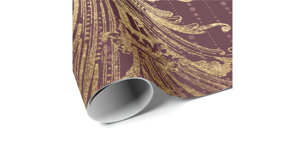 Burgundy Maroon Gold Damask Bridal Royal Ornamenta Wrapping Paper | Zazzle