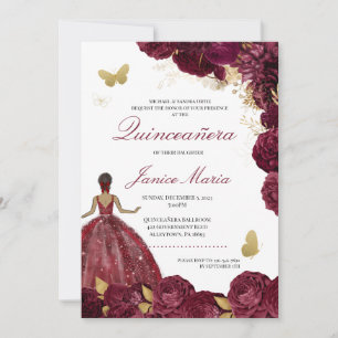 Burgundy Maroon Gold Floral Butterfly Quinceañera  Invitation
