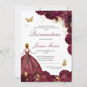 Burgundy Maroon Gold Floral Butterfly Quinceañera  Invitation