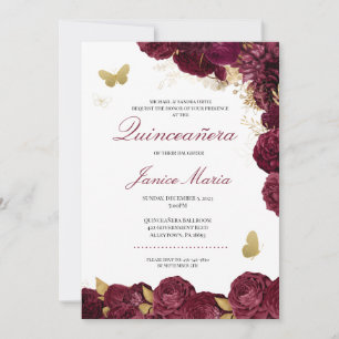 Burgundy Maroon Gold Floral Butterfly Quinceañera Invitation