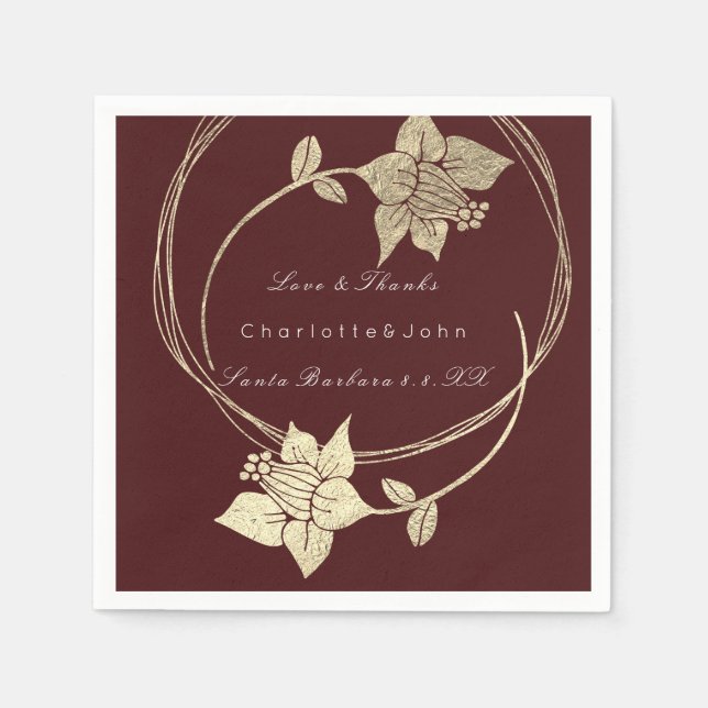 Burgundy Maroon Gold Floral Event Bridal Wedding Paper Napkins (Front)