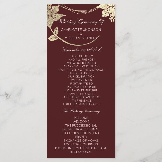 Burgundy Maroon Gold Floral Event Wedding Program (Front)
