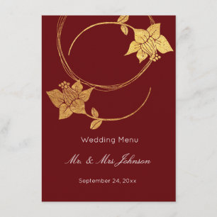 Burgundy Maroon Gold Floral Wedding Event Menu Red