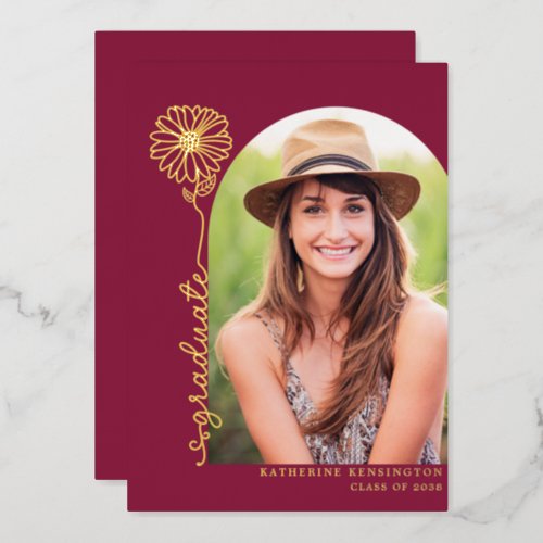 Burgundy Maroon Gold Handwritten Photo Graduation Foil Invitation