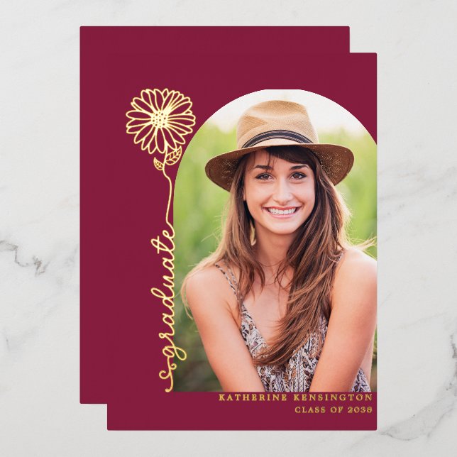 Burgundy Maroon Gold Handwritten Photo Graduation Foil Invitation (Front/Back)