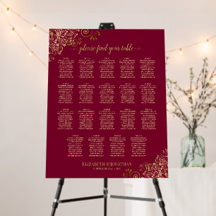 Burgundy Maroon & Gold Lace 19 Table Seating Chart Foam Board