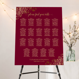 Burgundy Maroon & Gold Lace 19 Table Seating Chart Foam Board