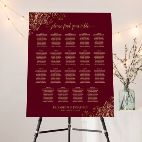 Burgundy Maroon  Gold Lace 19 Table Seating Chart Foam Board