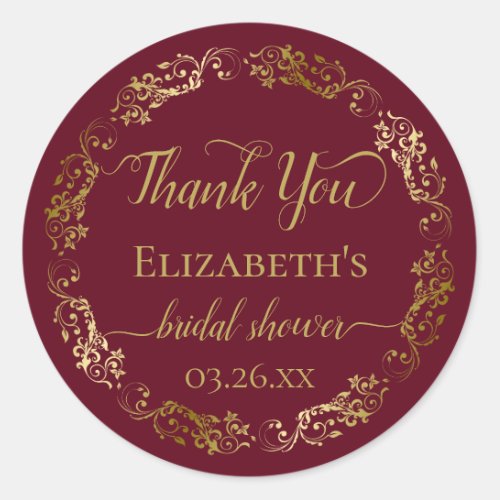 Burgundy Maroon Gold Lace Bridal Shower Thank You Classic Round Sticker