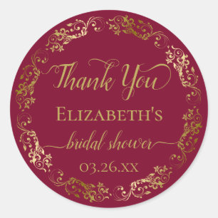 Burgundy Maroon Gold Lace Bridal Shower Thank You Classic Round Sticker
