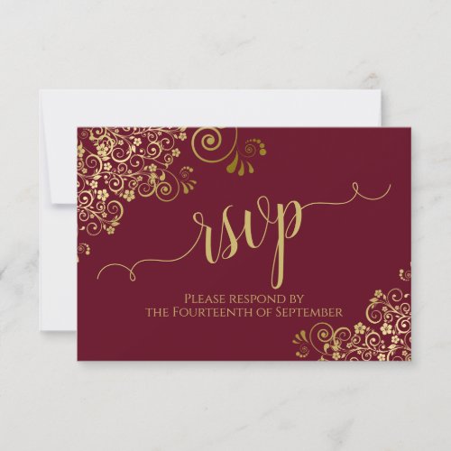 Burgundy Maroon  Gold Lace Calligraphy Wedding RSVP Card