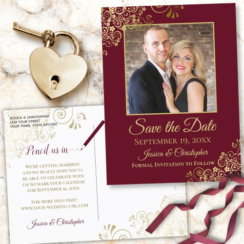 Burgundy Maroon  Gold Photo Save the Date Wedding Announcement Postcard
