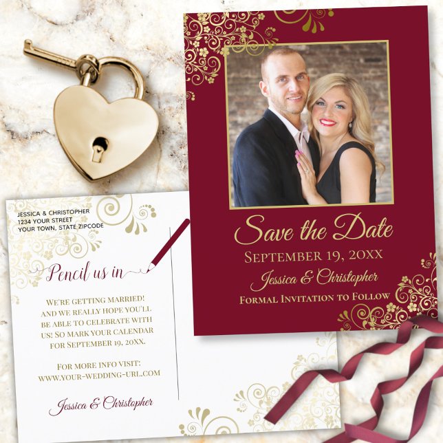 Burgundy Maroon & Gold Photo Save the Date Wedding Announcement Postcard (Front/Back)
