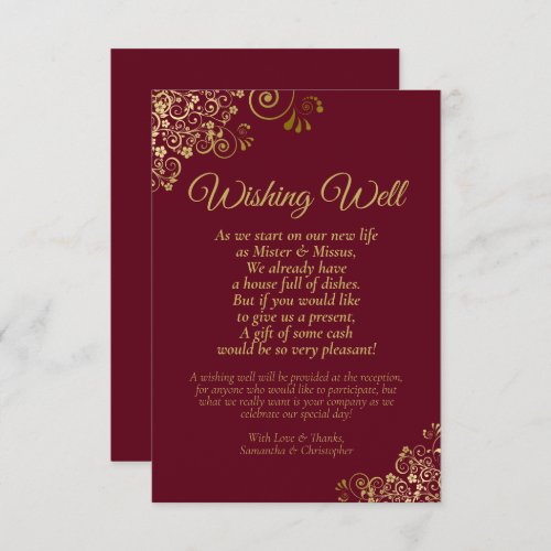 Burgundy Maroon  Gold Wedding Wishing Well Poem Enclosure Card
