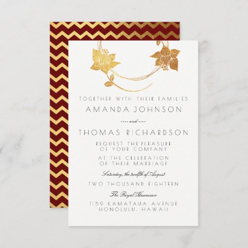 Burgundy Maroon Gold Wreath Gold Red Chevron Invitation