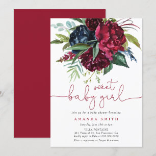 Burgundy Maroon Greenery Floral Girl Baby Shower Invitation