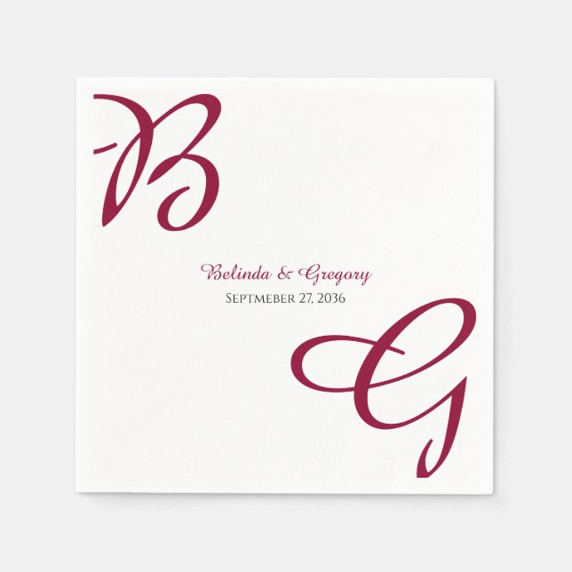 Burgundy Maroon Initials Autumn Fall Wedding Napkins (Front)
