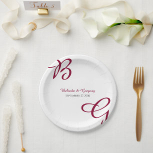 Burgundy Maroon Initials Autumn Fall Wedding Paper Plates