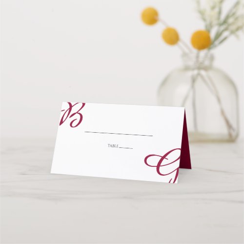 Burgundy Maroon Initials Autumn Fall Wedding  Place Card