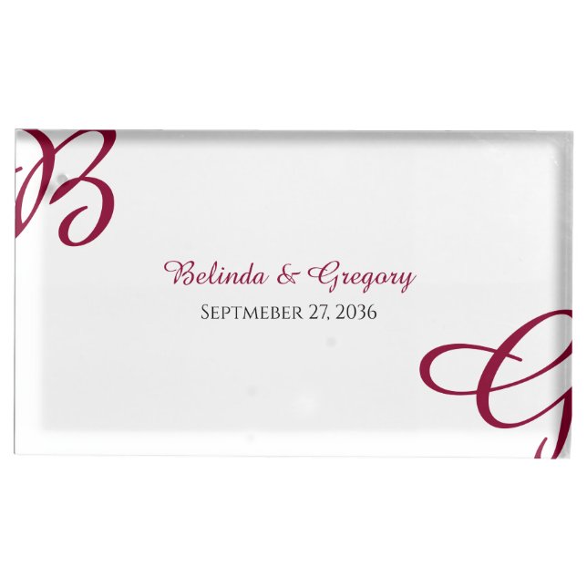 Burgundy Maroon Initials Autumn Fall Wedding  Place Card Holder (Front)
