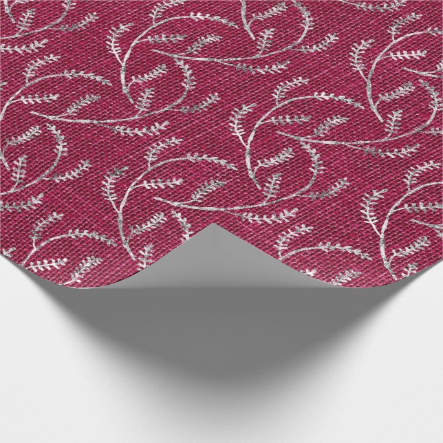 Burgundy Maroon Linen Silver Sparkly Laurel Wrapping Paper (Corner)