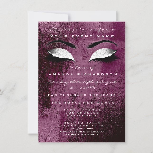 Burgundy Maroon Makeup White Glitter 16th Bridal Invitation (Front)