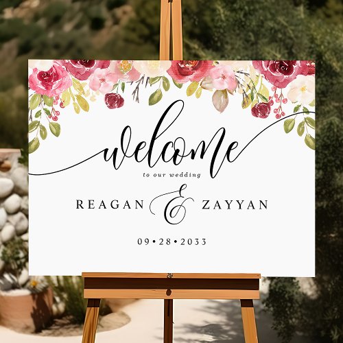 Burgundy Maroon Merlot Floral Wedding Welcome Foam Foam Board