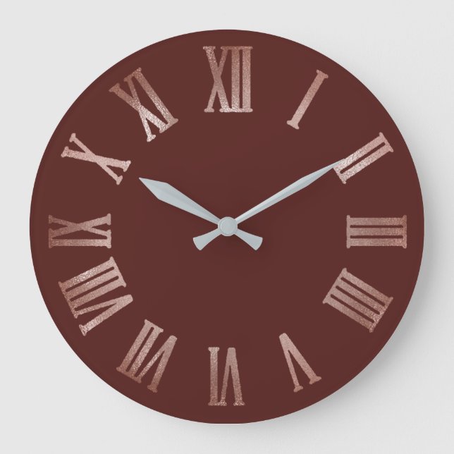 Burgundy Maroon  Metallic Silver Roman Numbers Large Clock (Front)