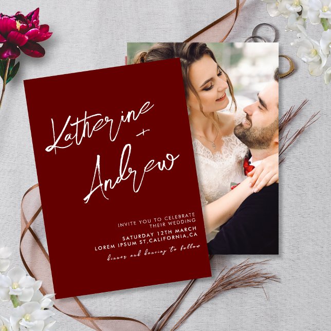 Burgundy Maroon Minimalist Script Fall Wedding  Invitation (Creator Uploaded)