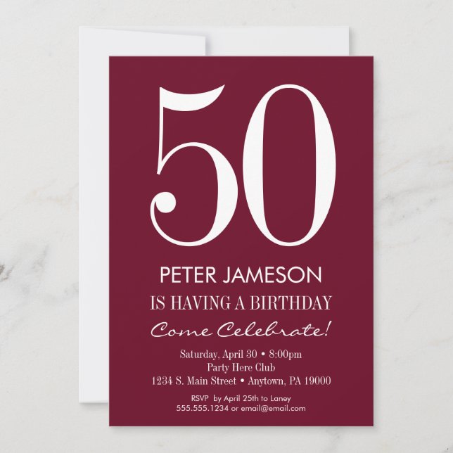 Burgundy Maroon Modern Adult Birthday Invitations (Front)