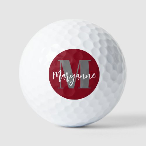 Burgundy Maroon Modern  Elegant Monogram Golf Balls