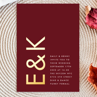 Burgundy Maroon Modern REAL GOLD Monogram Wedding Foil Invitation