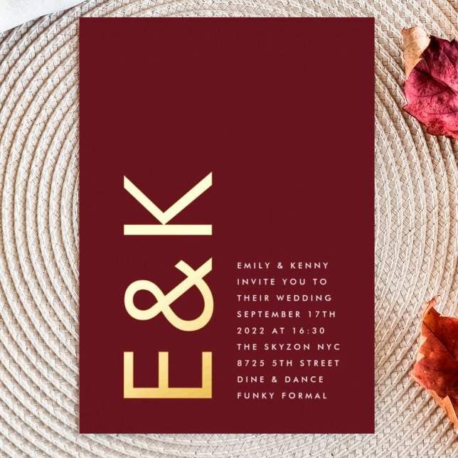 Burgundy Maroon Modern REAL GOLD Monogram Wedding Foil Invitation (Creator Uploaded)
