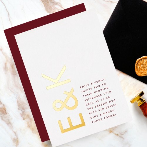 Burgundy Maroon Modern REAL GOLD Monogram Wedding Foil Invitation