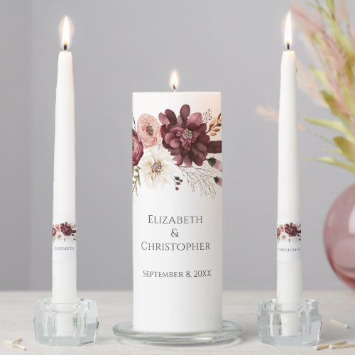 Burgundy Maroon Pink White Floral Wedding Unity Candle Set