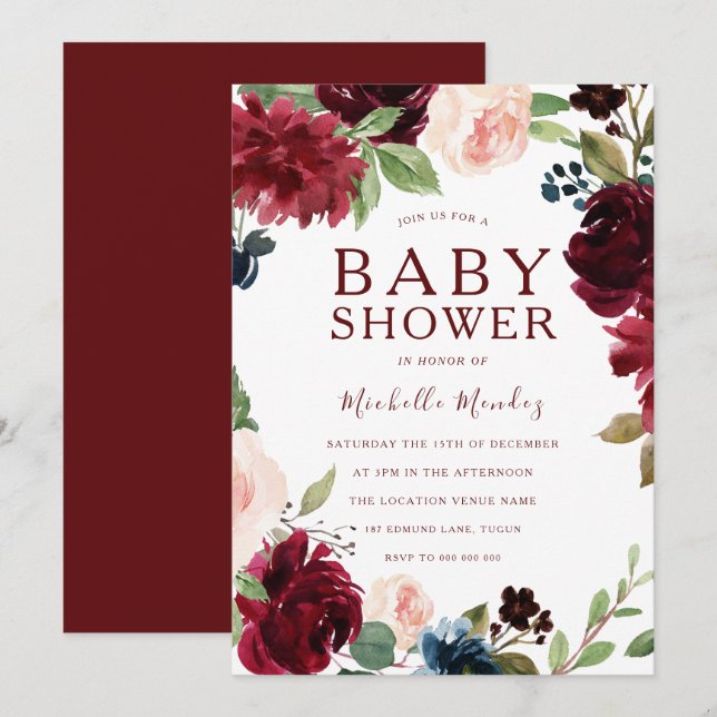 Burgundy Maroon Red Beautiful Baby Shower Invitation (Front/Back)