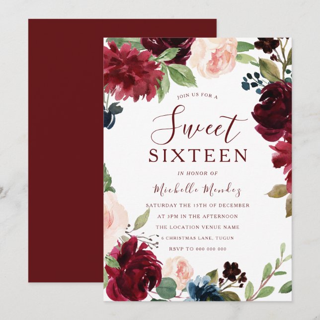 Burgundy Maroon Red Floral Sweet 16 Party Invitation (Front/Back)