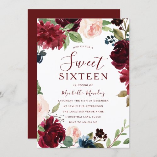 Burgundy Maroon Red Floral Sweet 16 Party Invitation