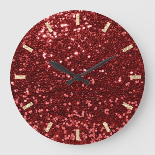 Burgundy Maroon Red Sparkly Faux Glitter Gold Large Clock