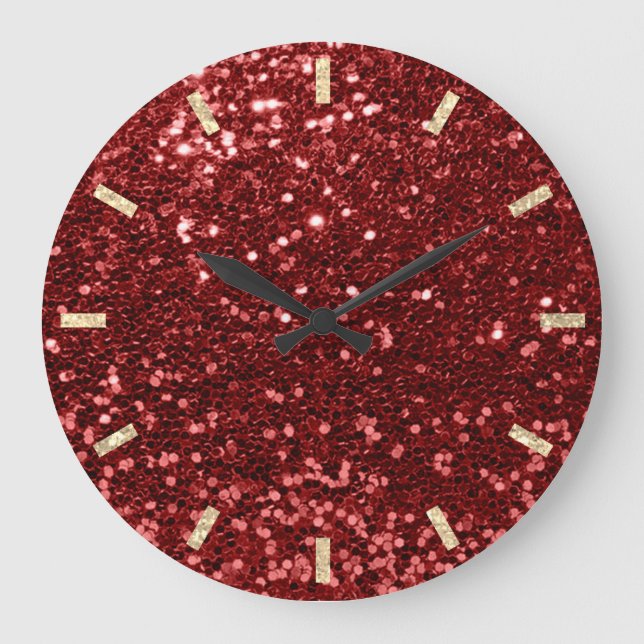 Burgundy Maroon Red Sparkly Faux Glitter Gold Large Clock (Front)