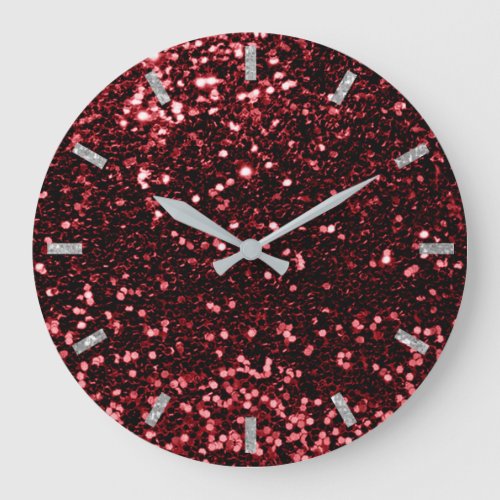 Burgundy Maroon Red Sparkly Faux Glitter Gray Glam Large Clock