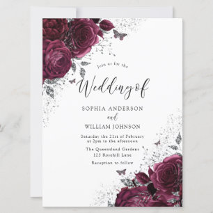 Burgundy Maroon Roses Silver Elegant Large Wedding Invitation