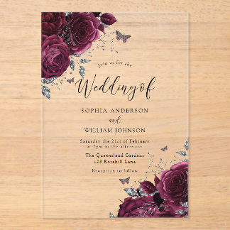 Burgundy Maroon Roses With Silver Elegant Wedding Acrylic Invitations