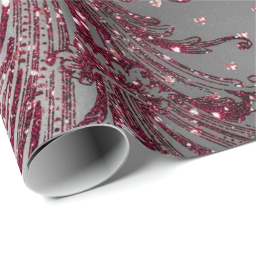 Burgundy Maroon Royal Floral Hearts Damask Silver Wrapping Paper