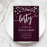 Burgundy Maroon Rustic Wood 40th Birthday Party Invitation<br><div class="desc">40th Birthday Party Invitation. Rustic design with burgundy maroon wood pattern. Classy invite card featuring fairy string lights and white script font. Perfect for a stylish fortieth bday celebration. Personalize with your own details. Can be customized for any age! Printed Zazzle invitations or instant download digital printable template.</div>