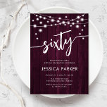 Burgundy Maroon Rustic Wood 60th Birthday Party Invitation<br><div class="desc">60th Birthday Party Invitation. Rustic design with burgundy maroon wood pattern. Classy invite card featuring fairy string lights and white script font. Perfect for a stylish sixtieth bday celebration. Personalize with your own details. Can be customized for any age! Printed Zazzle invitations or instant download digital printable template.</div>
