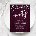 Burgundy Maroon Rustic Wood 90th Birthday Party Invitation<br><div class="desc">90th Birthday Party Invitation. Rustic design with burgundy maroon wood pattern. Classy invite card featuring fairy string lights and white script font. Perfect for a stylish ninetieth bday celebration. Personalize with your own details. Can be customized for any age! Printed Zazzle invitations or instant download digital printable template.</div>